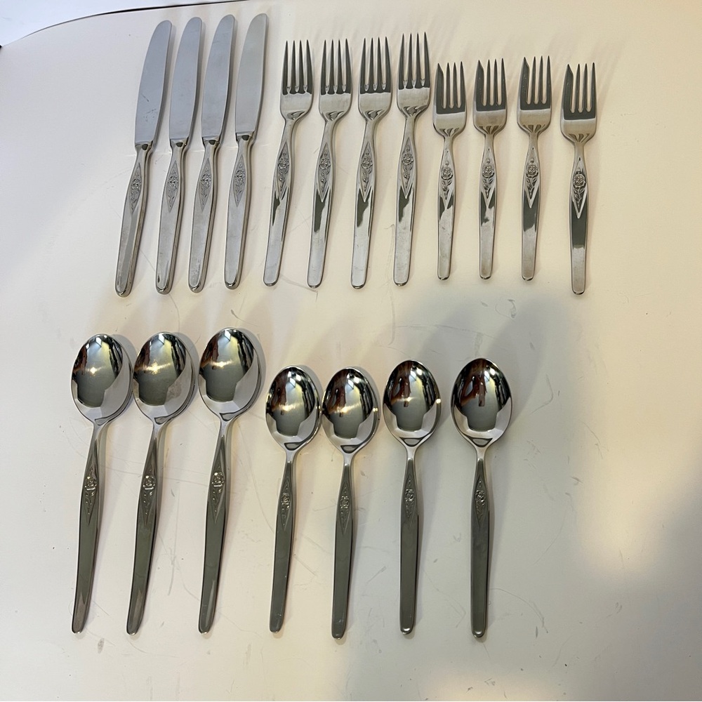Vintage BMF 18/8 Germany Rosette Sterless Rose Flatware Set of 19 Pcs Rose